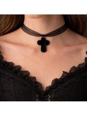 Vintage Gothic Black Cross Pendant Ribbon  Choker Necklace 16”